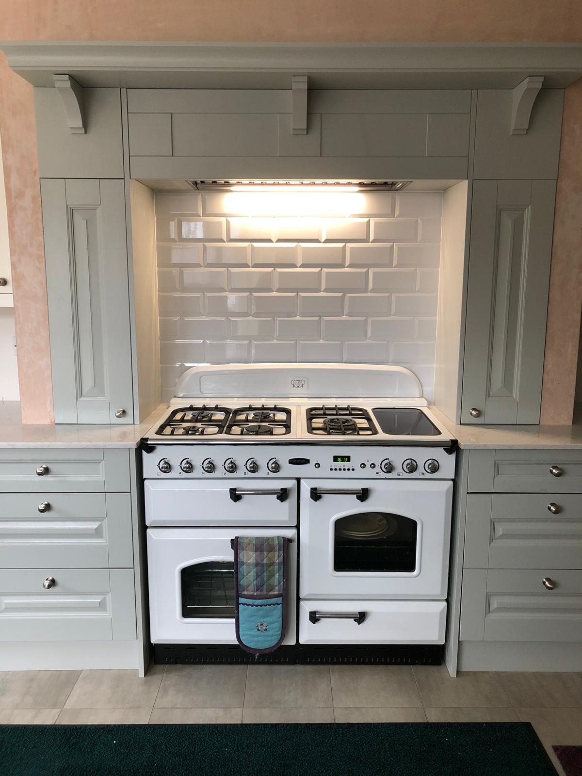 Fitted white kitchen from head on