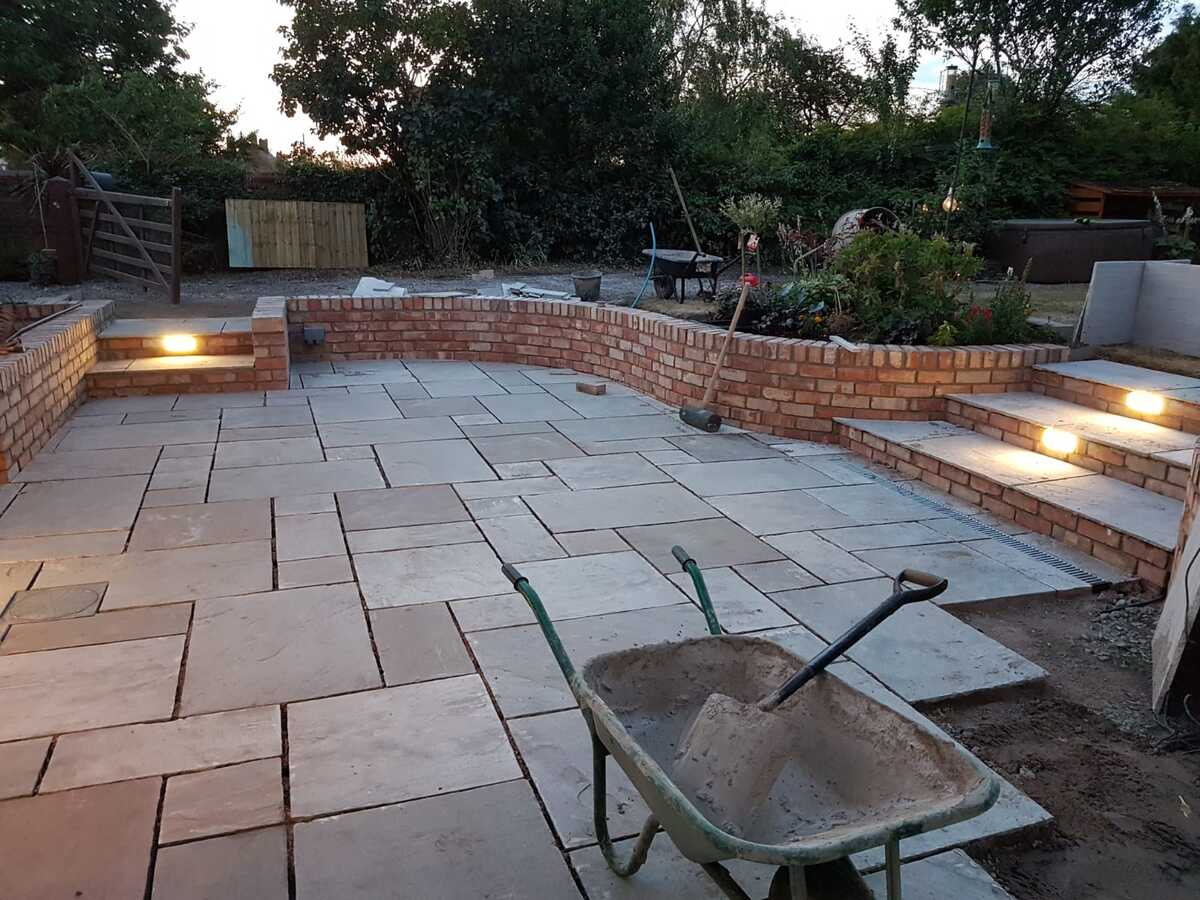 Patio area with lit steps